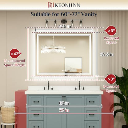 Keonjinn 48 x 36 Inch LED Bathroom Mirror with Lights, Frontlit and Backlit | HD Tempered Glass, Separately Frontlit/Backlit, Double Light Strips, Stepless 3 Colors Temperature & Dimmable, Fast Defogging - size: 36"L x 48"W