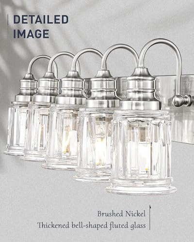 Bathroom Light Fixtures, HWH 5-Light Vanity Light, Modern Brushed Nickel Wall Lighting Over Mirror, Bell-Shaped Striped Glass, 5HZG106B-5W BN - color: Brushed Nickel, size: 5-Light