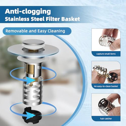 Universal Upgraded Bathroom Sink Drain Stopper Hair Catcher, Brushed Nickel | 4-IN-1 Pop-Up Sink Strainer with 2-Layer Removable Stainless Steel Basket, Anti-Clog Drain Plug for 1.1"-2.36" Basin - color: Brushed Nickel