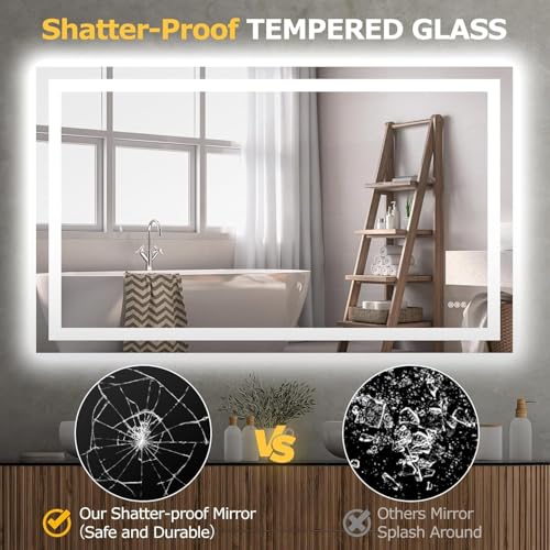 Hivone 55"X30" LED Bathroom Mirror with Lights, Anti-Fog, Dimmable, Backlit + Front Lit, Smart Bathroom Vanity Mirror, Memory Function, Shatterproof, Tempered Glass (Horizontal/Vertical) - size: 55"L x 30"W