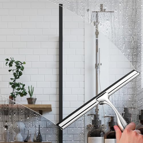 10" Squeegee for Shower Glass Door LASSHSWA All-Purpose Shower Squeegee for Glass Doors Bathroom Cleaner Tool Car Window Mirror Tile Wall Windshield Household with 2 Hooks and 2 Rubber Strips