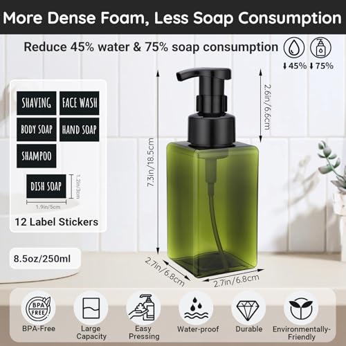 Segbeauty 15.2oz Plastic Green Foam Soap Dispensers with Labels, 4pcs Green Square Refillable Foaming Pump Bottle for Liquid Soap, 450ml Bathroom Shampoo Face Hand Wash Containers with Foaming Pump - color: Green, style: 4pcs 15.2oz