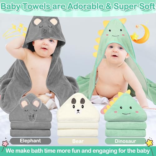Sublaga 12 Pcs Baby Towels and Washcloths Set, 3 Pcs Baby Bath Towels & 8 Pcs Washcloths Set, Cute Baby Towels, Ultra Absorbent Soft Newborn Bath Essentials Gifts for Boys & Girls - color: Green Dinosaur, White Bear, Gray Bear