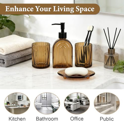 Topsky 4 Pcs Glass Bathroom Accessories Set,13oz Liquid Arch Design Hand Soap Dispenser with Stripe Toothbrush Holder,Mouthwash Cup,Soap Dish for Bathroom Countertop,Heavy Weight,Amber