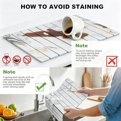 Stone Drying Mat for Kitchen Counter, Quick Diatomaceous Earth Mats for Dishes, 24"L x 16" W Super Absorbent Fast-Drying Collapsible Countertop Stone Mat (Marble White-05, 24" x 16") - color: Marble White-05