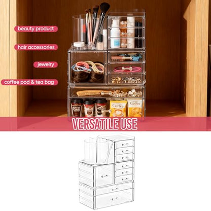 ShineMe Clear Makeup Organizer with 9 Drawers, 3 Tier Stackable Makeup Storage Organizer with Rotating Brush Holder, Acrylic Countertop Makeup Organizer for Vanity Skincare Jewelry Hair Accessories - size: 3 tires, 9 drawers