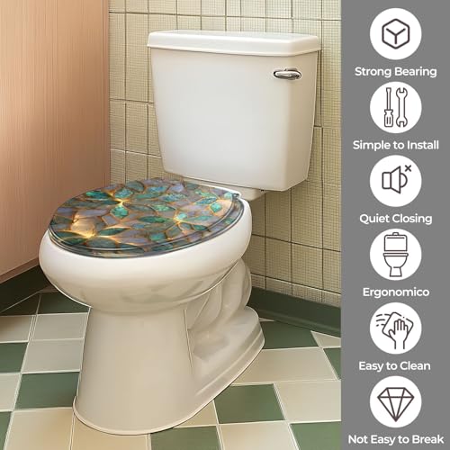 Round Resin Toilet Seat, Quietly Close Quick Release Hinges Cover | Toilet Lid Cover Easy to Clean and Install, Fine Mosaic Iridescent Leaves Shimmering Elegant Heavy Duty Toilet Seat - color: pattern10, size: O-shape
