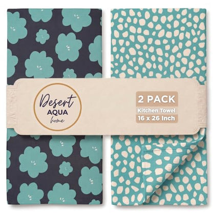 Kitchen Towels, Dish Towels for Kitchen, 2 Pc Kitchen Towel Set | Microfiber Waffle Towels, 16 x 26 inches, with Hanging Loops, Reusable Tea Towels, Cute Kitchen Towels - 2 Pack - color: Turquoise