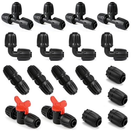 18 Pack 1/2 Inch Drip Irrigation Fittings Kit (1/2" ID x 0.6-0.65" OD), 1/2'' Dripline Barbed Connectors with Anti-Drop Lock Nuts - 4 Tees, 4 Couplings, 4 Ends, 4 Elbows, 2 Valves - size: 1/2" Nut Fitting Kit-18P