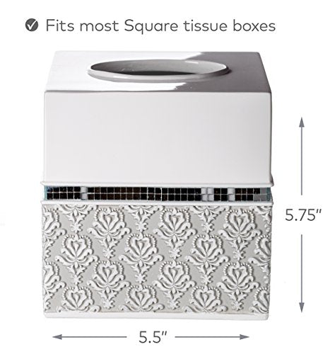 Mirror Damask White & Gray Square Resin Tissue Box Cover with Bottom Slider - color: Square Tissue Box Cover