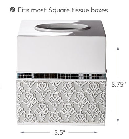 Mirror Damask White & Gray Square Resin Tissue Box Cover with Bottom Slider - color: Square Tissue Box Cover