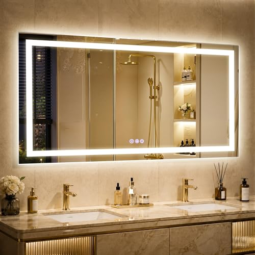 55"x 30" LED Bathroom Mirror Backlit & Front Lit Lighted Vanity Mirror with Lights for Wall, 3 Color Dimmable, Anti-Fog, Adjustable Brightness, Shatterproof Tempered Glass