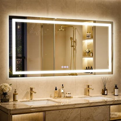 55"x 30" LED Bathroom Mirror Backlit & Front Lit Lighted Vanity Mirror with Lights for Wall, 3 Color Dimmable, Anti-Fog, Adjustable Brightness, Shatterproof Tempered Glass