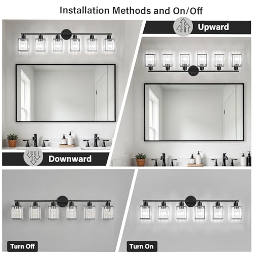 6 Light Bathroom Light Fixtures, Modern Crystal Vanity Lights over Mirror | Metal Frame, Bathroom Light with Square Crystal Shade, ETL Certified, E26 Ceramic Socket, Bulbs Not Included - color: Black, size: 6-Light