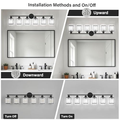 6 Light Bathroom Light Fixtures, Modern Crystal Vanity Lights over Mirror | Metal Frame, Bathroom Light with Square Crystal Shade, ETL Certified, E26 Ceramic Socket, Bulbs Not Included - color: Black, size: 6-Light