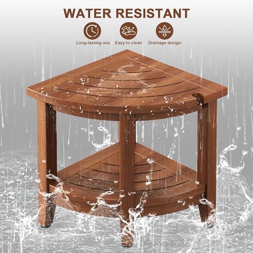 18" Teak Corner Shower Stool, Inside Shower Stool with Storage Shelf, Waterproof Teak Stool for Shaving Legs and to Sit On, 2-Tier Shower Stool,Adjustable Feet, Non-Slip, Brown