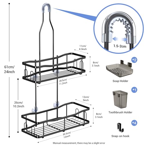 Hanging Shower Caddy Over Shower Head - No Drill Rustproof Shower Rack | Includes Soap Holder and Hooks for Shampoo, Conditioner, and Bathroom Essentials with Stable Storage in Any Shower Space - color: Black