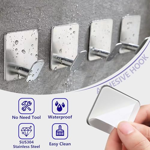 2"x 2" Adhesive Towel Hooks 4Pack Heavy Duty Wall Hooks 15lb Max | No Drilling Sticky Hanger for Bathroom Shower Kitchen RV Dorm Apartment, Waterproof Rustproof Stainless Steel Brushed Nickel - color: Sq- Brushed Nickel