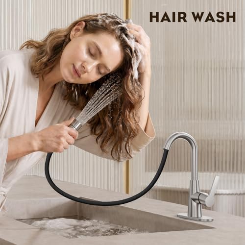 Tall Bathroom Faucets with Pull Down Sprayer, Brushed Nickel High Arc Single Handle Pull Out Faucet, 1 or 3 Hole Utility Sink Laundry Bar Faucet Pull Out with Deck Plate WE10CL-ZY-BN - color: Brushed Nickel