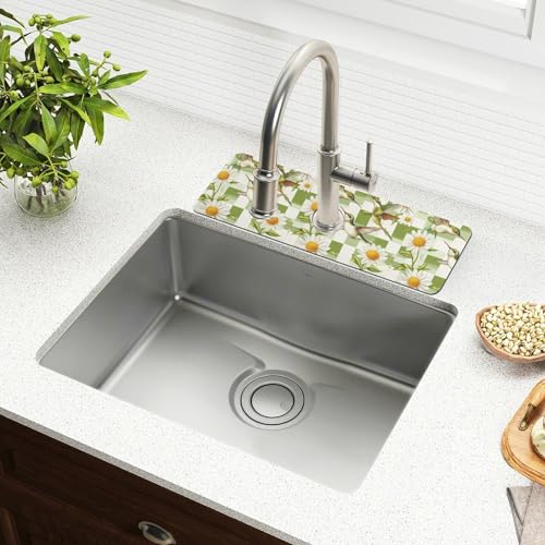 Checkered Green and White Hummingbirds Daisy Kitchen Sink Splash Guard Sink Faucet Mat Faucet Handle Drip Catcher Drain Mats for Kitchen Bathroom - color: Checkered Green and White Hummingbirds Daisy, size: 14.7x5.4in x2