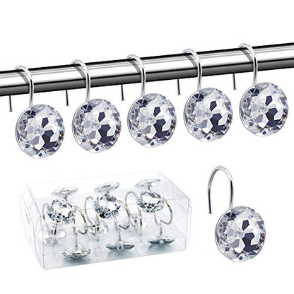 BEAVO Acrylic Fashion Decorative Home Rolling Transparent Shower Curtain Hooks Rhinestones Bathroom Bath Baby Room Bedroom Living Room Decor Set of 12 Rings (Transparent) | Diamond Crystal Decorative Shower Curtain Ring, Stainless Steel Rustproof Shower H