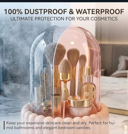 Makeup Brush Holder with Dustproof Lid, 360 Rotating Makeup Organizer for Vanity, 7 Slots Large Capacity Spinning Cosmetic Brushes Storage Box for Dresser, Bathroom Countertop, Pink
