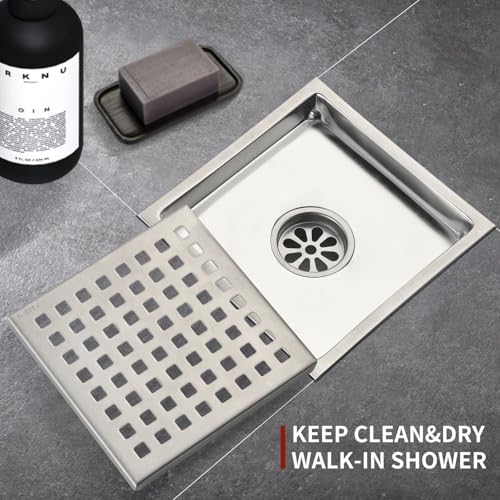 6 Inch Square Shower Drain with Removable Square Grille, Brushed 304 Stainless Steel, PVC Shower Drain Base, Includes Hair Strainer for Kitchen, Bathroom, Garage - color: 6-inch Brushed Nickel