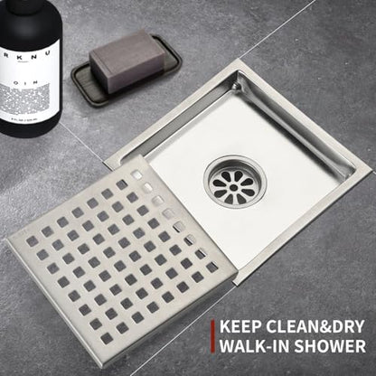6 Inch Square Shower Drain with Removable Square Grille, Brushed 304 Stainless Steel, PVC Shower Drain Base, Includes Hair Strainer for Kitchen, Bathroom, Garage - color: 6-inch Brushed Nickel