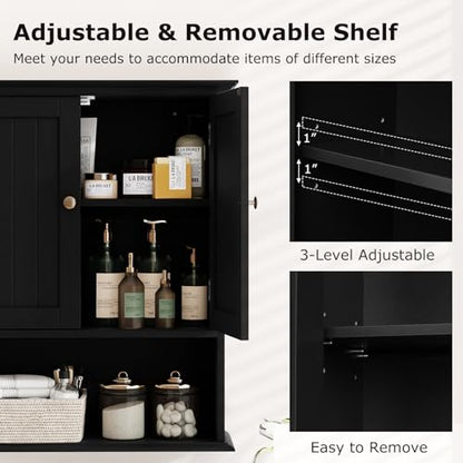 Bathroom Wall Cabinet, Over the Toilet Storage Cabinet with 2 Doors, 3 Heights Adjustable Shelf & Open Shelf, Wooden Hanging Medicine Cabinet for Bathroom, Kitchen, Living & Laundry Room, Black - color: Black