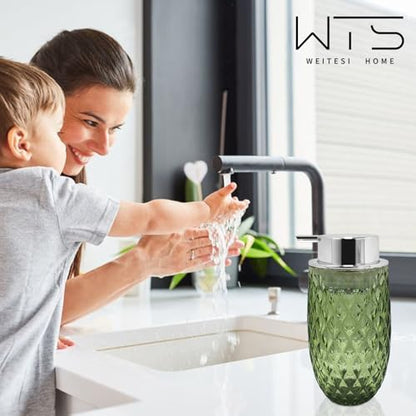 Glass Foaming Soap Dispenser, 10.5oz Foaming Pump Bottle with Silvery Pump for Bathroom, Kitchen, Refillable Bathroom Lotion Container Pump Bottle with Vintage Pattern, Green