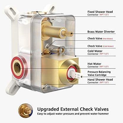 Iriber Brushed Gold Rain Shower System with 10 Inch Shower Head and Handheld Bathroom Wall Mounted Shower Set Contain Shower Faucet Mixer and Trim Kit (Valve Included) - color: Brushed Gold 04