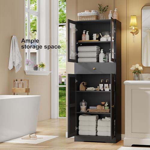 Space-Saving 67 Inch Bathroom Linen Cabinet,Freestanding Tall Storage Tower with Adjustable Shelves & Glass Doors for Bathroom, Kitchen, Hallway Organization (Black)