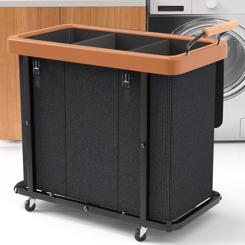 Laundry Hamper 3 Section with Lid,230L Rolling Dirty Clothes Hamper Black | Laundry Basket with Wheels,Laundry Organizer Storage Cart with Sturdy Metal Frame and Wooden Handle for Laundry Room, Hotel - color: Black-3 Section, size: 230L