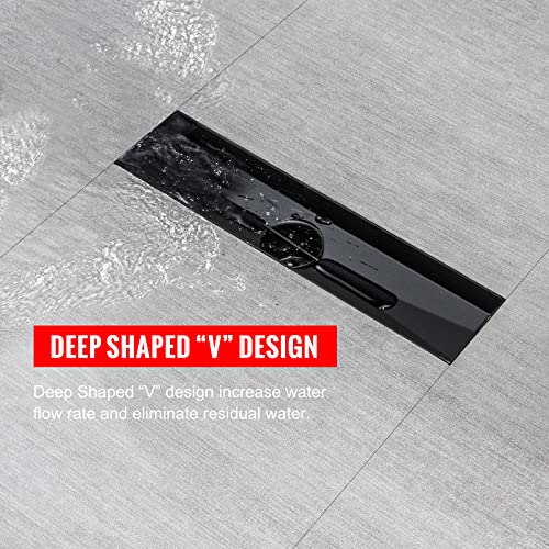 SaniteModar Linear Shower Drain 12 inch Matte Black with Tile Insert Panel | AISI 304 Stainless Steel Black Linear Dain Rectangle Shower Floor Drain with Hair Strainer and Leveling Feet - color: Black Tile Insert Grate, size: 12 Inch