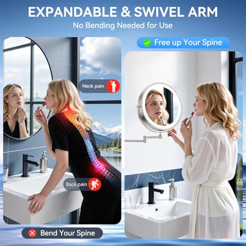 Auxmir 9″ 5000mAh 1X/30X Wall Mounted Lighted Magnifying Makeup Mirror | Power Adapter&2 Tweezers Included/ 3 Dimmable Colors/ Dual Sided Button Control/ Rechargeable/ 360° Rotation Extended Arm - color: 9'' 30x-nickel+adapter