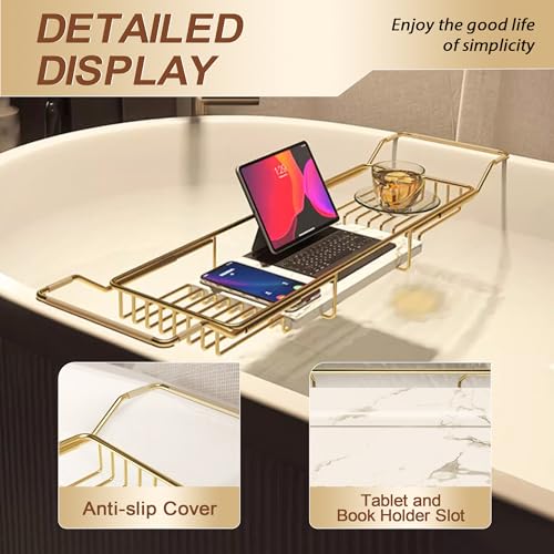 Bathtub Tray Stainless Steel with Marble Base Gold Bathtub Tray with White Marble Base Adjustable & Rustproof Bath Caddy for Spa, Relaxation, Bath Bombs - color: Gold