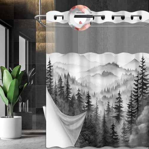 Black Forest Hookless Shower Curtain with Snap in Liner, 71x74 in, 2 in 1 | No Hook, Double Layer Snap on Liner, Mens Nature Bathroom Decor, Waterproof Polyester Fabric, See Through Top with Window - color: Black, size: 71"W x 74"L (Pack of 1)