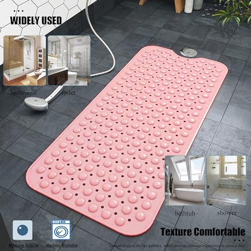 Bathtub and Shower Mats, Extra Long Non-Slip Bath Mat 39 x 16 Inch, Machine Washable Bath Tub Mat with Suction Cups & Drain Holes for Bathroom, Pink - color: Pink, size: 40" x 16" (Rectangular)