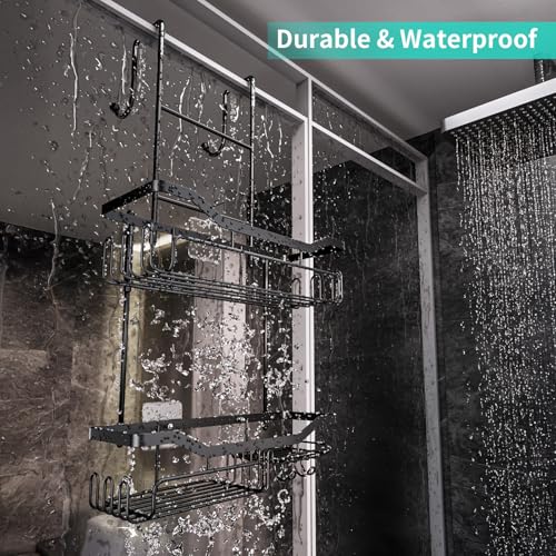 HapiRm Hanging Shower Caddy Over the Door with Soap Holder, No Drilling Adhesive Shower Organizer with 11 Hooks, Rustproof & Waterproof 304 Stainless Steel Bathroom Shelves - Black - color: A-Black