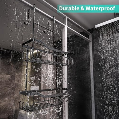 HapiRm Hanging Shower Caddy Over the Door with Soap Holder, No Drilling Adhesive Shower Organizer with 11 Hooks, Rustproof & Waterproof 304 Stainless Steel Bathroom Shelves - Black - color: A-Black