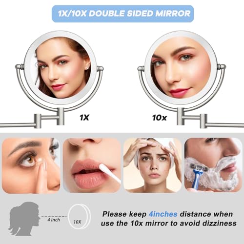 Makeup Mirror Wall Mounted with Lights and Magnification 10X, Rechargeable | 8 Inches Double-Sided, 3 Color LED Touch Dimmable, Brass Extended Swing Arm, Bathroom Vanity Cosmetic, Brushed Nickel - color: Brushed Nickel
