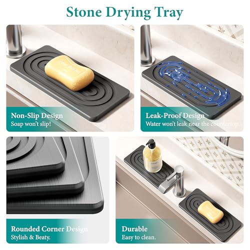 Water Absorbing Stone Tray, Quick Drying Diatomite Bathroom Tray Countertop, Stone Drying Mat for Kitchen Counter, Soap Dish Dispenser Vanity Organizer, Dark Grey-A-9.8" x 4" - color: 9.8" X 4"-dark Grey-a