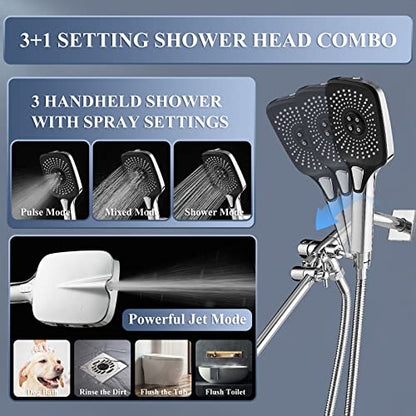 Shower Head with Handheld, 12 Inch Dual Shower Head with Extention Arm, High Pressure Rain Shower Heads, Rainfall Waterfall Showerhead with 3-Way Diverter - Height/Angle Adjustable(Chrome) - color: Chrome, size: 12 Inch