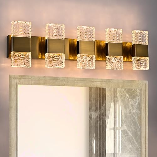 MELUCEE 5 Lights Brass Crystal Vanity Light Bar LED Bathroom Lights 30.3 in | 40W LED Modern Vanity Lighting Fixtures Wall Mount for Bath Restroom Powder Room, 3000K Warm Lighting - color: Brass, size: 5 Lights