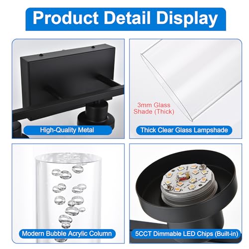 MELUCEE LED Bathroom Vanity Light 5-Light Dimmable Bathroom Light Bar | 5CCT 3000K-6000K Modern Black Vanity Lighting Fixtures with Crystal Bubble Clear Glass Shade, Built-In LED Chips - color: Black, size: LED-5 Lights