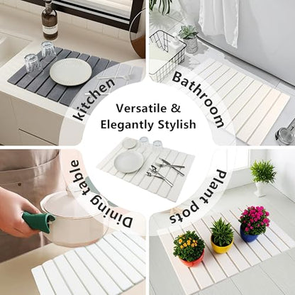 Large Stone Diatomaceous Dish Drying Mat/Rack, 24"×16", Light Gray | Collapsible Water Absorbing & Super Heat Resistant Diatomaceous Dish Drying Rack for Kitchen Counte, 5 Colors Available