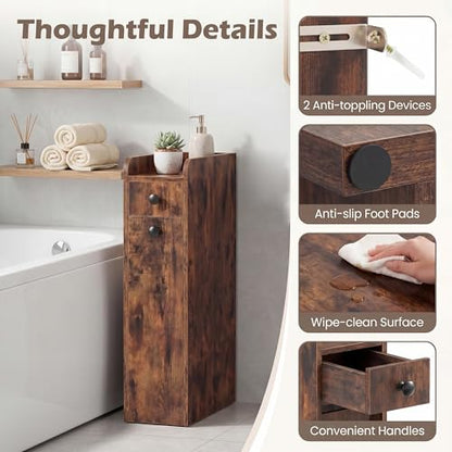 COSTWAY Slim Bathroom Cabinet, Freestanding Narrow Organizer, Rustic Brown | 7" Wide Space-Saving Storage with 2-Tier Slide-Out Drawer, Shelf & Toilet Paper Holder, for Bathroom, Laundry & Small Spaces - color: Rustic Brown