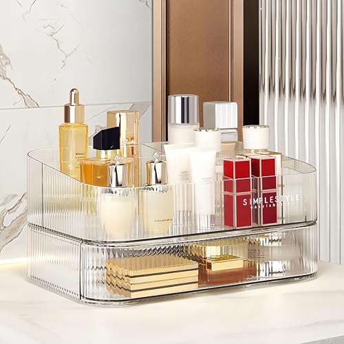 Clear Makeup Organizer for Vanity, Large Desk Organizer with Stackable Drawer for Cosmetics, Skincare, Lipsticks, Palette, Nail Care, Ideal Storage for Dresser and Bathroom Countertop - color: Clear, size: 1 Tray + 1 Drawer