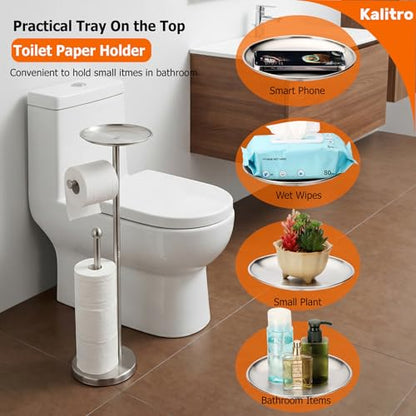 Kalitro Toilet Paper Holder Freestanding with Big Shelf, 4 Rolls Reserve Paper Holder Stand, Modern Paper Roll Holder with Storage Space for Phones (Brushed Nickel) - color: Brushed Nickel
