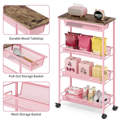 KINGRACK 4-Tier Slim Storage Cart, Metal Rolling Cart, Organizer with Wooden Tabletop and Drawer Basket, Mobile Shelving Unit for Kitchen, Bathroom, Laundry Room, Pink - color: Pink
